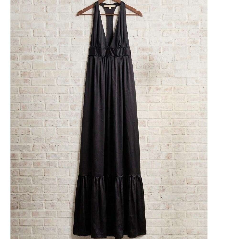 Black Silk Halter Maxi Vintage Dress Plunge V Made in USA Boho Chic